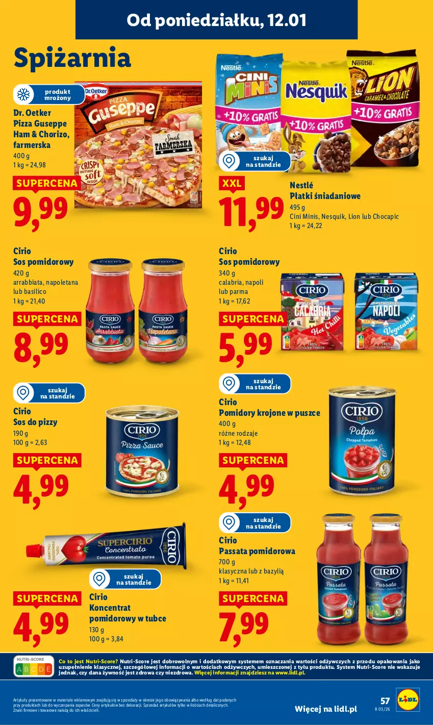 Gazetka promocyjna Lidl - GAZETKA - ważna 12.01 do 14.01.2026 - strona 57 - produkty: Bazyl, Cini Minis, Danio, Dr. Oetker, Fa, Koncentrat pomidorowy, Lion, Nesquik, Nestlé, Pizza, Pomidory, Pomidory krojone, Sos, Sos do pizzy, Sos pomidorowy