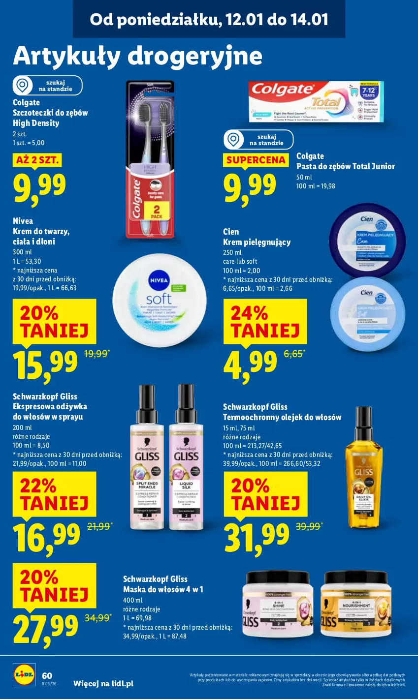 Gazetka promocyjna Lidl - GAZETKA - ważna 12.01 do 14.01.2026 - strona 60 - produkty: Colgate, Krem do twarzy, LG, Maska, Maska do włosów, Nivea, Odżywka, Olej, Pasta do zębów, Schwarzkopf