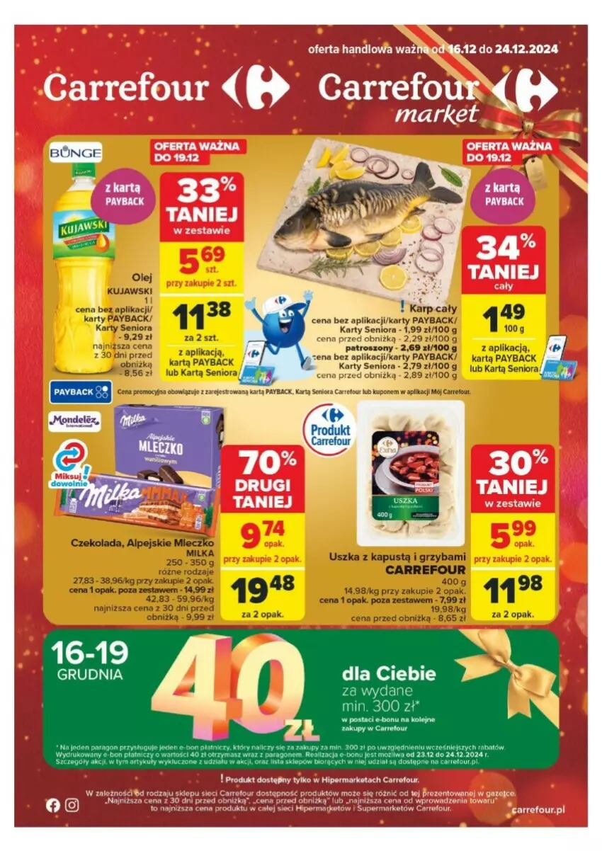 Gazetka promocyjna Carrefour - ważna 16.12 do 24.12.2024 - strona 1 - produkty: Czekolada, Kapustą, Karp, Kujawski, Milka, Mleczko, Olej