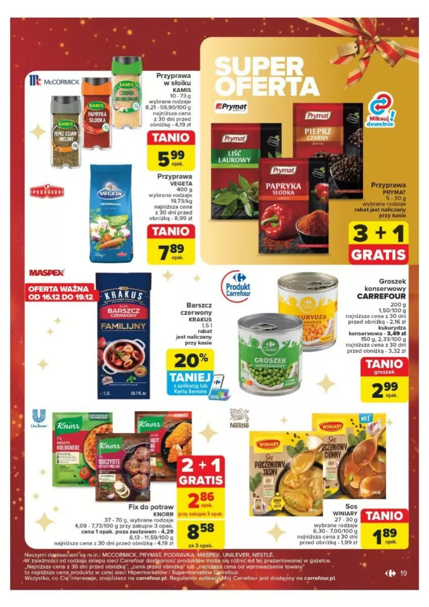 Gazetka promocyjna Carrefour - ważna 16.12 do 24.12.2024 - strona 11 - produkty: Groszek, Kamis, Knorr, Krakus, Kukurydza, Laur, Prymat, Ser, Vegeta