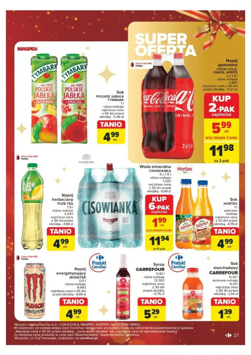 Gazetka promocyjna Carrefour - ważna 16.12 do 24.12.2024 - strona 20 - produkty: Cisowianka, Fa, Hortex, Jabłka, Napój, Sok, Tymbark, Woda, Woda mineralna