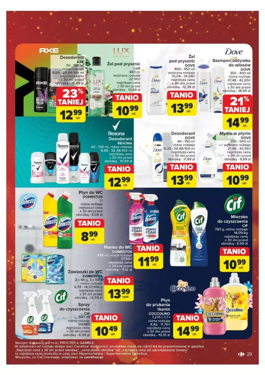 Gazetka promocyjna Carrefour - ważna 16.12 do 24.12.2024 - strona 22 - produkty: Cif, Coccolino, Dezodorant, Domestos, Dove, Mleczko, Mydło, Mydło w płynie, Odżywka, Płyn do wc, Rexona, Szampon, Zawieszki