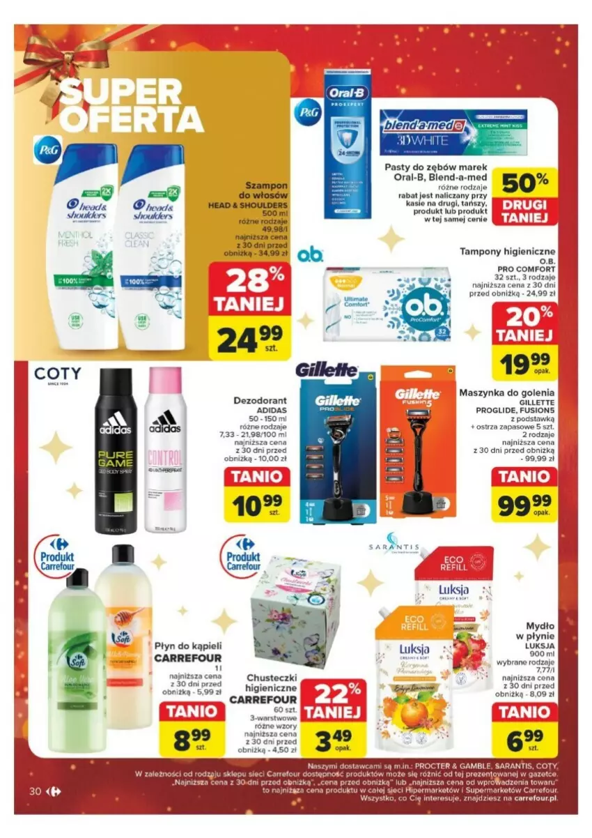 Gazetka promocyjna Carrefour - ważna 16.12 do 24.12.2024 - strona 24 - produkty: Adidas, Blend-a-Med, Chusteczki, Dezodorant, Fa, Fusion, Gillette, Luksja, Maszynka, Maszynka do golenia, Mydło, O.B., Płyn do kąpieli, Szynka, Tampony