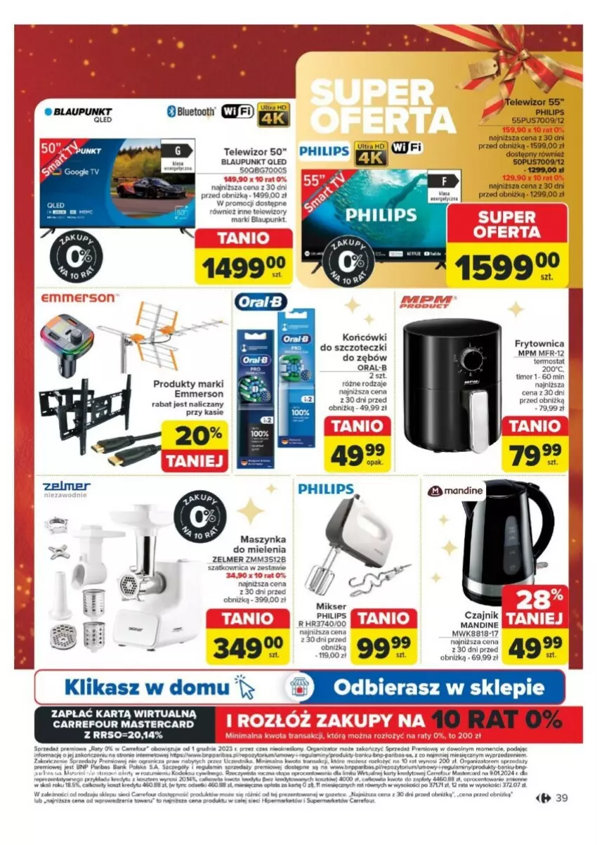 Gazetka promocyjna Carrefour - ważna 16.12 do 24.12.2024 - strona 33 - produkty: Czajnik, Gra, Końcówki do szczoteczk, Kosz, Maszynka, Maszynka do mielenia, Mikser, NBA, Philips, Rum, Ser, Sok, Sos, Szatkownica, Szynka, Telewizor, Telewizory, Termos, Top, Tran, Zelmer