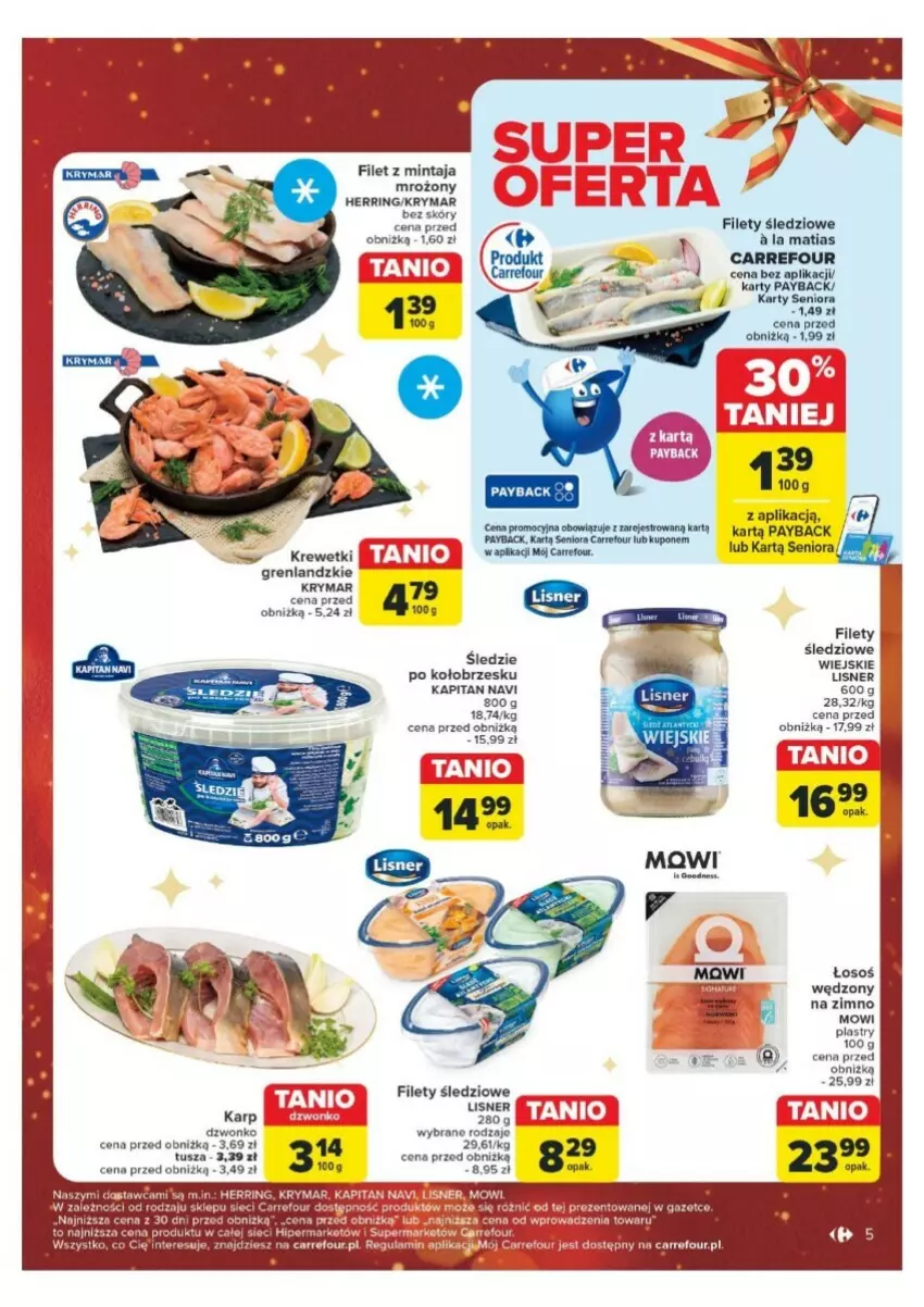 Gazetka promocyjna Carrefour - ważna 16.12 do 24.12.2024 - strona 40 - produkty: Filet z mintaja, Karp, Krewetki, Lisner, Mintaj, Tusz