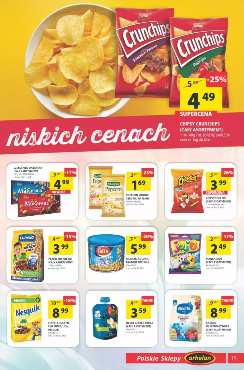 Gazetka promocyjna Arhelan - Gazetka - ważna 18.06 do 27.06.2021 - strona 15 - produkty: Bakalland, Cheetos, Chipsy, Cini Minis, Czekolada, Deser, Gerber, Lion, Mleko, Nesquik, Orzeszki, Popcorn, Ryż, Ser