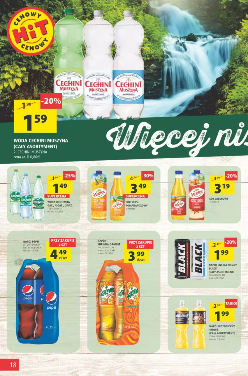 Gazetka promocyjna Arhelan - Gazetka - ważna 18.06 do 27.06.2021 - strona 18 - produkty: Mirinda, Mus, Napój, Napój energetyczny, Napój izotoniczny, Pepsi, Szyna, Woda