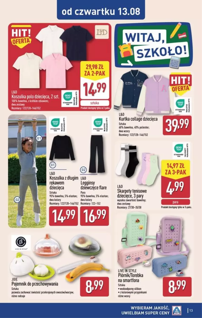 Gazetka promocyjna Aldi - Przygotuj się na kolejny tydzień - ważna 11.08 do 13.08.2026 - strona 13 - produkty: Dzieci, Gin, Karp, Kosz, Koszulka, Legginsy, Piórnik, Pojemnik, Pojemnik do przechowywania, Smartfon, Sok, Torebka, Wełna