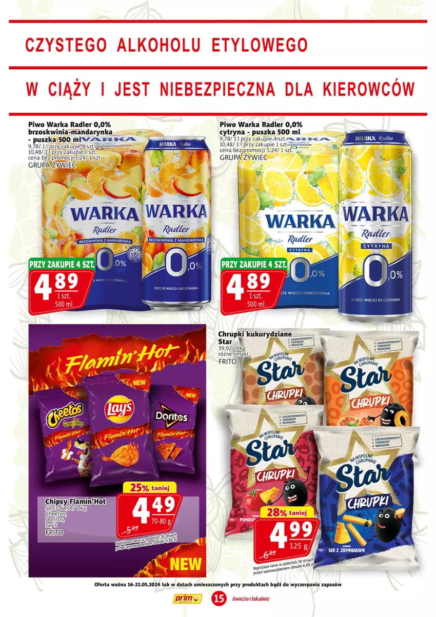 Gazetka promocyjna Prim Market - ważna 16.05 do 22.05.2024 - strona 15 - produkty: Chrupki, Piwo, Radler, Warka