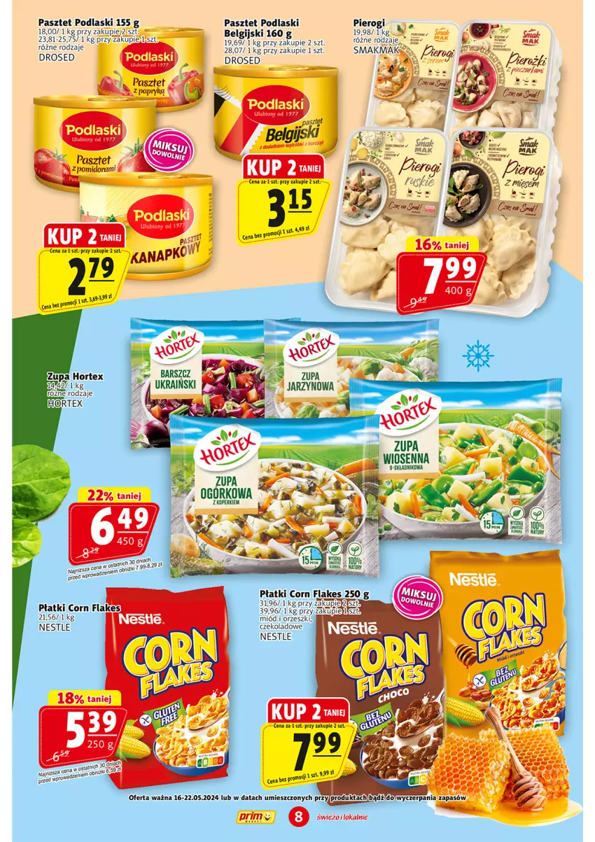 Gazetka promocyjna Prim Market - ważna 16.05 do 22.05.2024 - strona 8 - produkty: Corn flakes, LG, Pasztet, Pierogi, Podlaski, Zupa