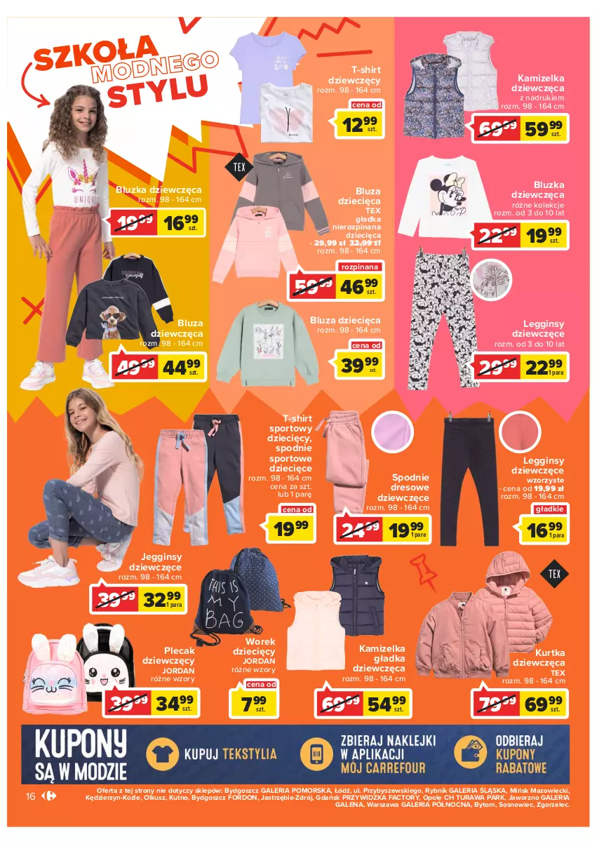 Gazetka promocyjna Carrefour - Gazetka Szkoła bycia sobą część 2 - ważna 24.08 do 10.09.2022 - strona 16 - produkty: Bluza, Dres, Dzieci, Fa, Gin, Kamizelka, Kurtka, Legginsy, Plecak, Por, Sos, Spodnie, Spodnie dresowe, Spodnie sportowe, Sport, T-shirt