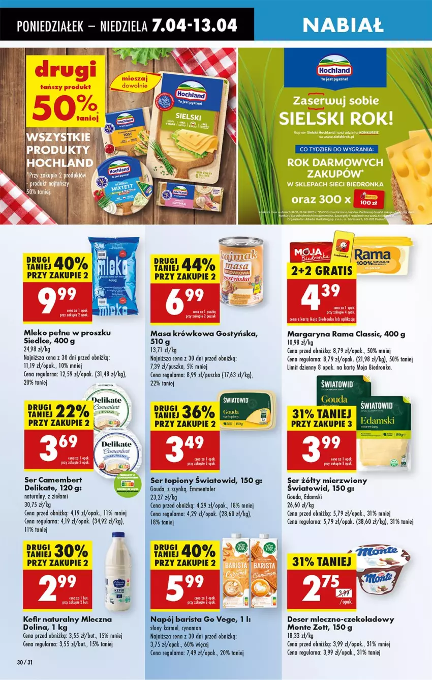 Gazetka promocyjna Biedronka - Od Poniedziałku - ważna 07.04 do 12.04.2025 - strona 38 - produkty: Camembert, Deser, Edam, Emmental, Gouda, Gra, Hochland, Kefir, Kefir naturalny, Margaryna, Masa krówkowa, Mleko, Napój, Rama, Ser, Ser topiony, Top, Zott