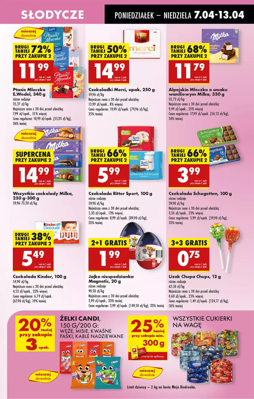 Gazetka promocyjna Biedronka - Od Poniedziałku - ważna 07.04 do 12.04.2025 - strona 49 - produkty: Chupa Chups, Cukier, Cukierki, Czekolada, Fa, Gra, Kinder, Merci, Milka, Mleczko, Por, Ptasie mleczko, Ritter Sport, Schogetten, Sport