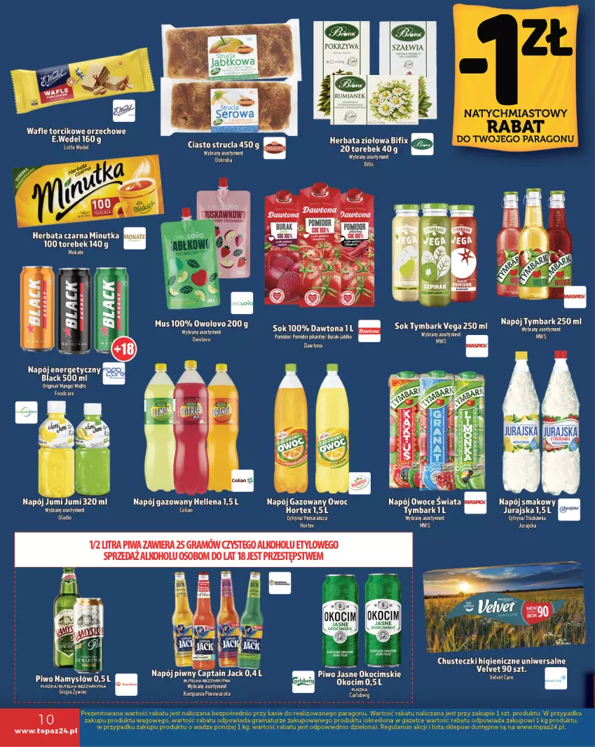 Gazetka promocyjna Topaz - Gazetka - ważna 24.10 do 30.10.2024 - strona 10 - produkty: Carlsberg, Chusteczki, Dawtona, Gin, Gra, Hellena, Herbata, Herbata czarna, Hortex, Koc, Lack, Mango, Mus, Napój, Napój energetyczny, Napój gazowany, Okocim, Owoce, Piwa, Piwo, Piwo jasne, Sok, Strucla, Top, Tymbark, Wafle