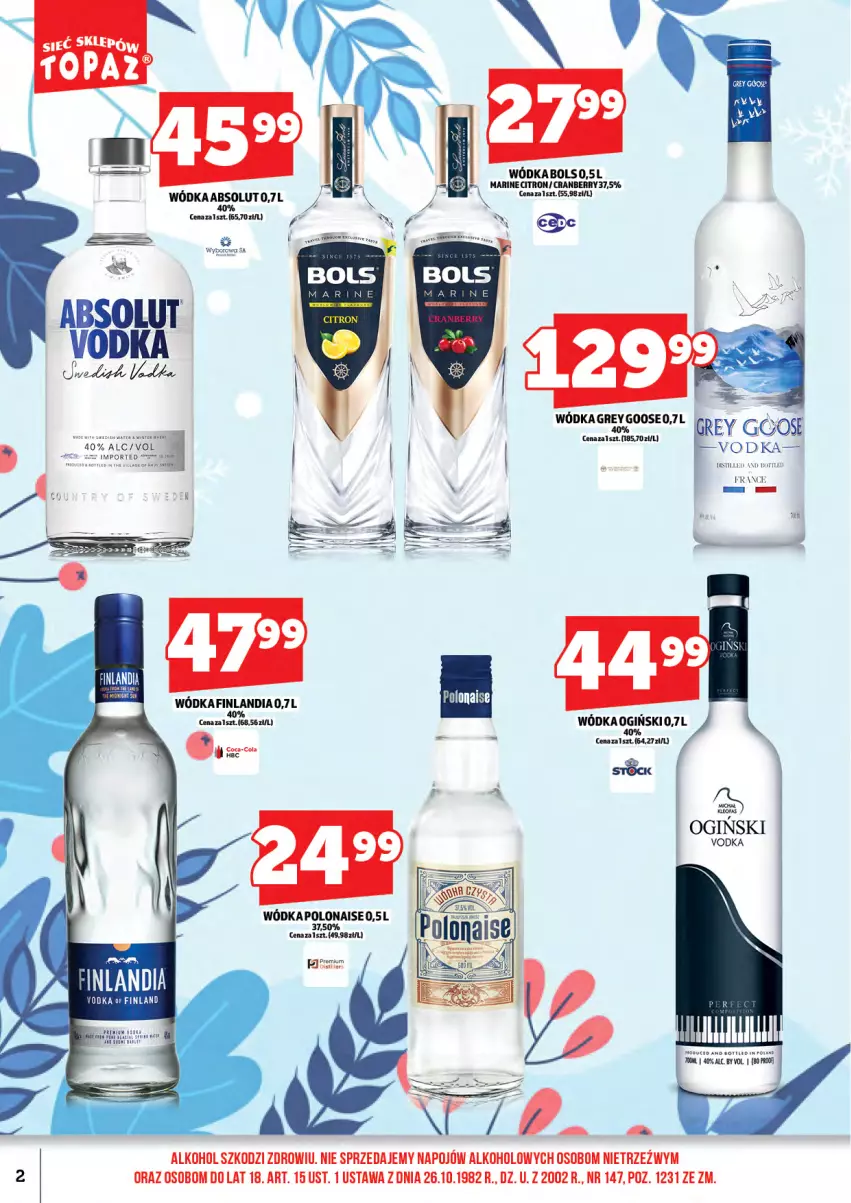 Gazetka promocyjna Topaz - Gazetka - ważna 16.01 do 31.01.2026 - strona 4 - produkty: Absolut, Bols, Coca-Cola, Fa, Ogiński, Wódka