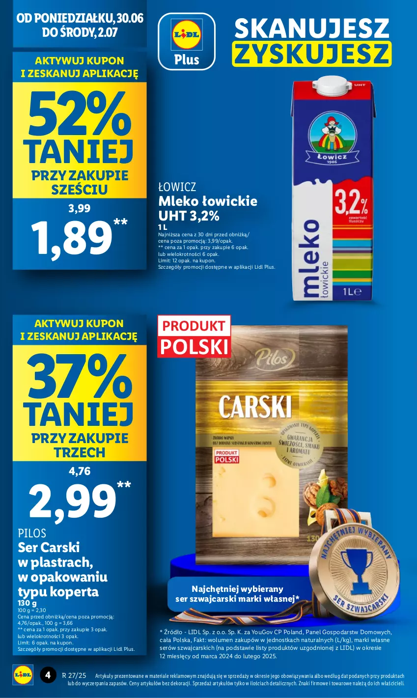 Gazetka promocyjna Lidl - GAZETKA - ważna 30.06 do 02.07.2025 - strona 4 - produkty: Cars, Fa, Mleko, Pilos, Ser