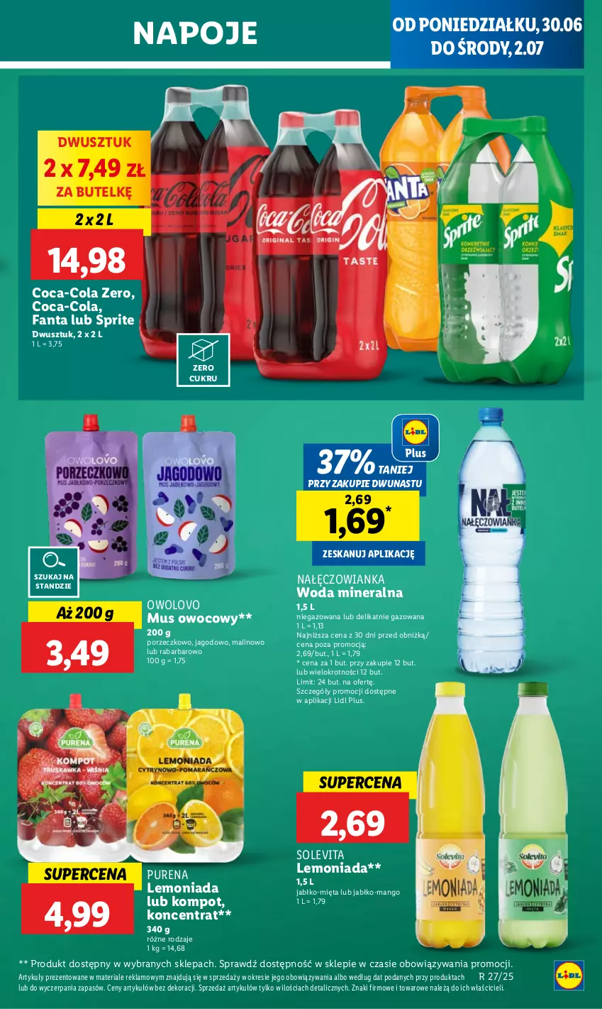 Gazetka promocyjna Lidl - GAZETKA - ważna 30.06 do 02.07.2025 - strona 41 - produkty: Coca-Cola, Fa, Fanta, Lemoniada, Mango, Mięta, Mus, Nałęczowianka, Napoje, Por, Pur, Sprite, Woda, Woda mineralna