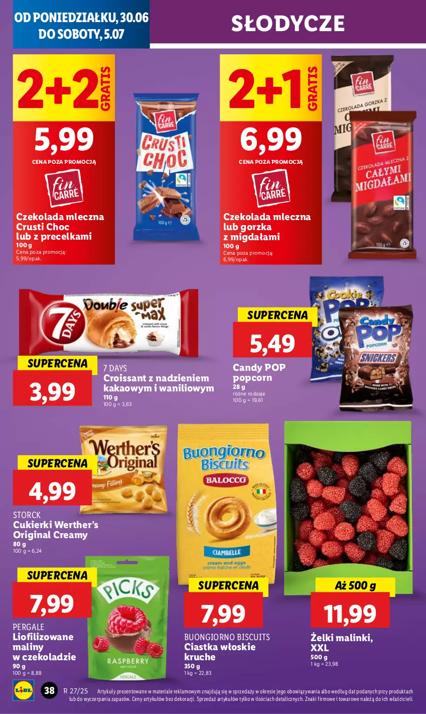 Gazetka promocyjna Lidl - GAZETKA - ważna 30.06 do 02.07.2025 - strona 46 - produkty: 7 Days, Candy, Ciastka, Croissant, Cukier, Cukierki, Czekolada, Czekolada mleczna, Gin, Gra, Kakao, Maliny, Popcorn, Rust