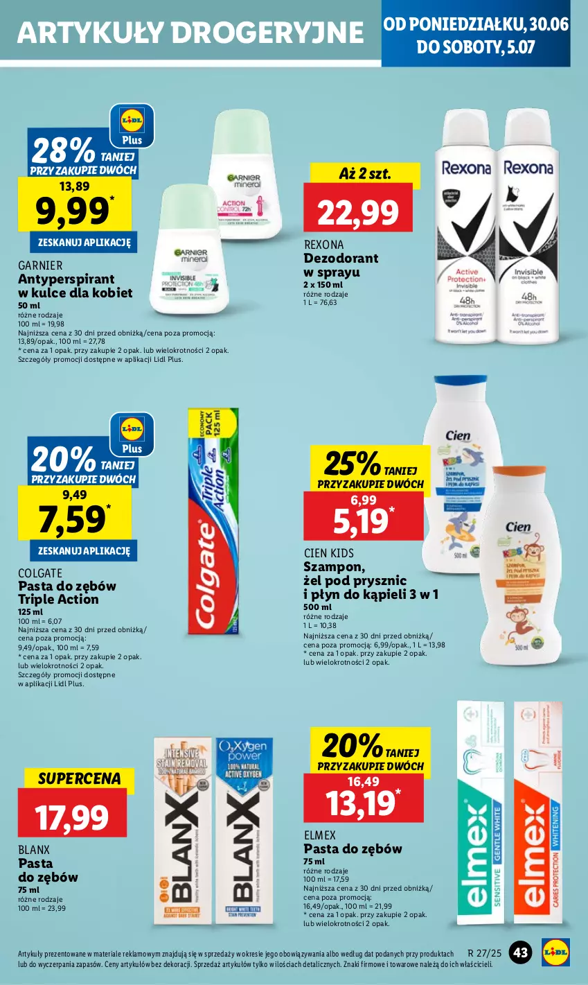Gazetka promocyjna Lidl - GAZETKA - ważna 30.06 do 02.07.2025 - strona 51 - produkty: Antyperspirant, Colgate, Dezodorant, Elmex, Garnier, LG, Pasta do zębów, Płyn do kąpieli, Rexona, Szampon