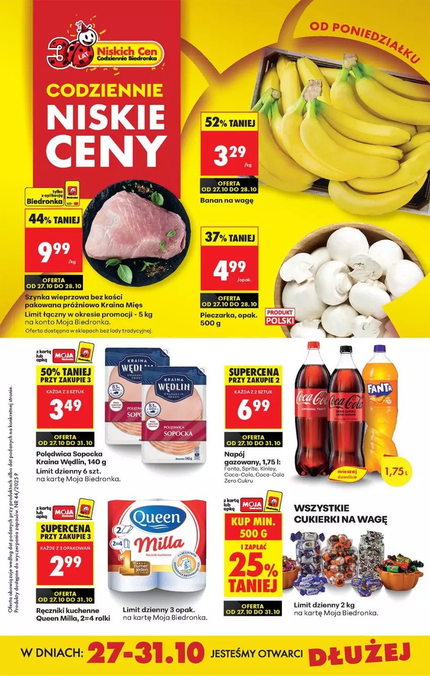 Gazetka promocyjna Biedronka - Od Poniedziałku - ważna 27.10 do 01.11.2025 - strona 1 - produkty: Cukier, Cukierki, Kret, Napój, Piec, Pieczarka, Polędwica, Ręcznik, Rolki, Szynka, Szynka wieprzowa