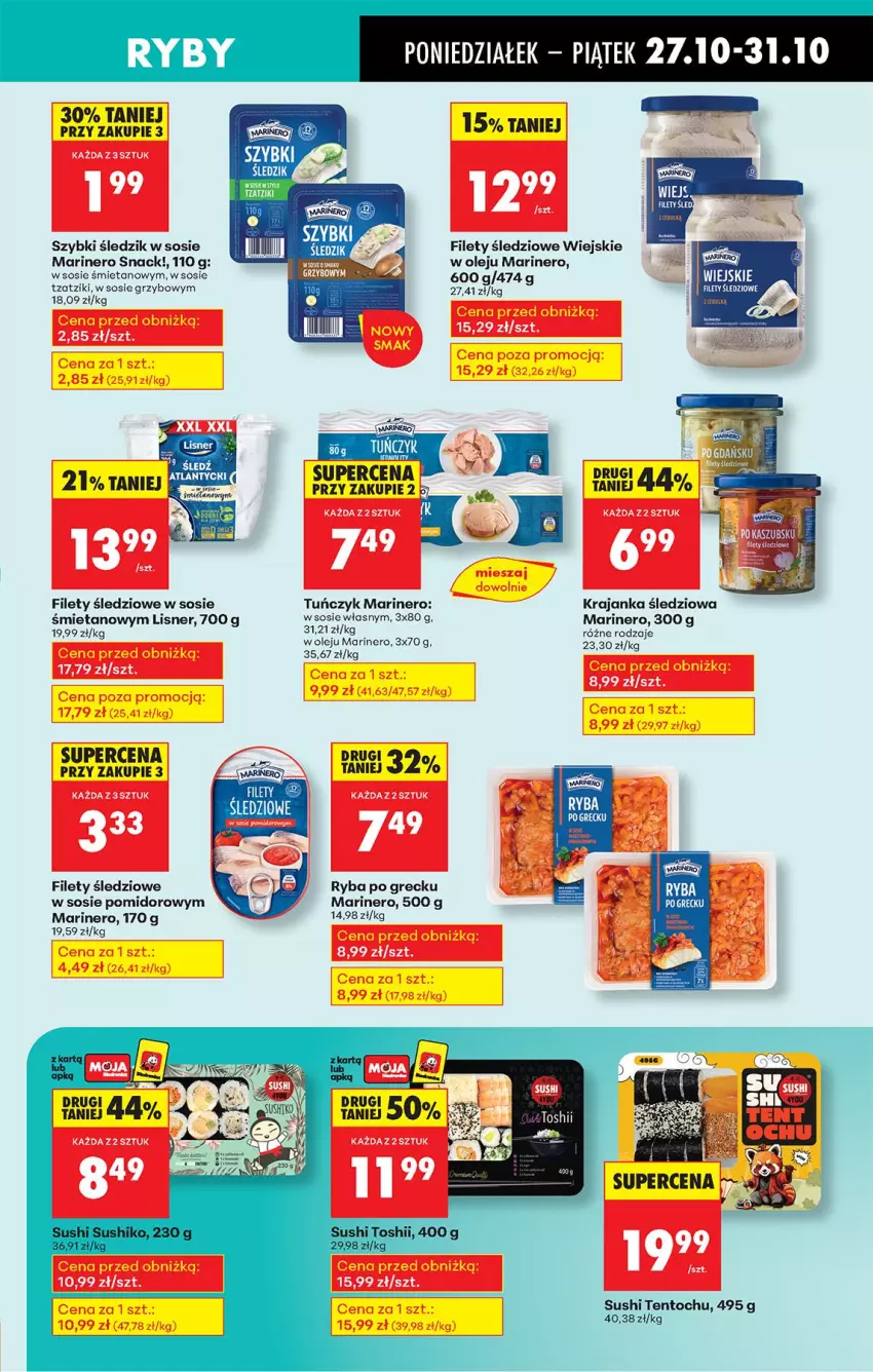 Gazetka promocyjna Biedronka - Od Poniedziałku - ważna 27.10 do 01.11.2025 - strona 31 - produkty: Krajanka śledziowa, Lisner, Olej, Por, Ryba, Ryba po grecku, Sos, Sushi, Tuńczyk