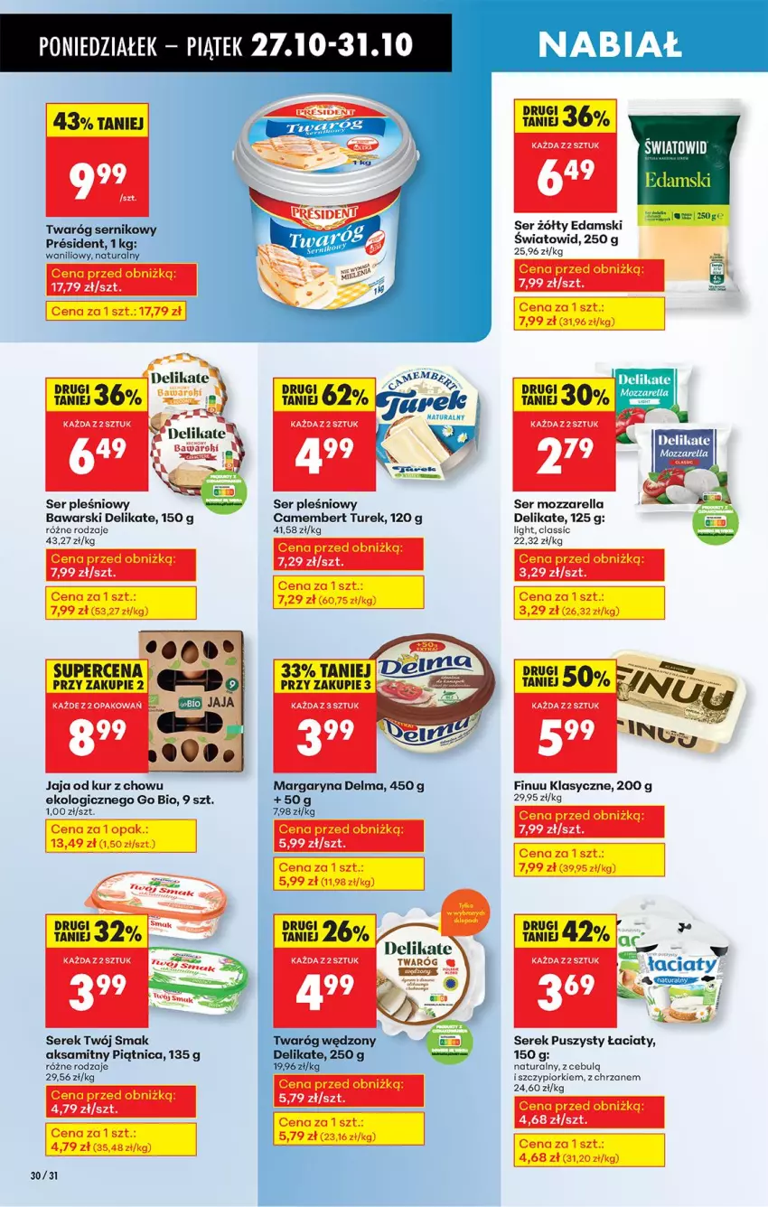 Gazetka promocyjna Biedronka - Od Poniedziałku - ważna 27.10 do 01.11.2025 - strona 36 - produkty: Aksam, Camembert, Chrzan, Delma, Edam, Finuu, Jaja, Margaryna, Mozzarella, Piątnica, Ser, Ser pleśniowy, Serek, Serek puszysty, Twaróg, Twój Smak