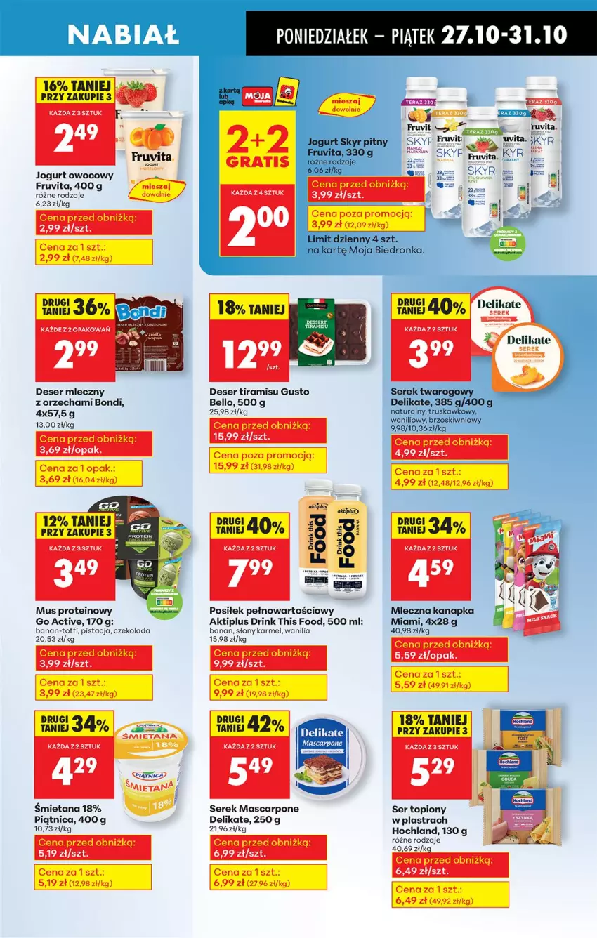 Gazetka promocyjna Biedronka - Od Poniedziałku - ważna 27.10 do 01.11.2025 - strona 37 - produkty: Aktiplus, Bell, Czekolada, Deser, Deser mleczny, Hochland, Jogurt, Jogurt owocowy, Mascarpone, Mleczna kanapka, Mus, Piątnica, Ser, Ser topiony, Serek, Top