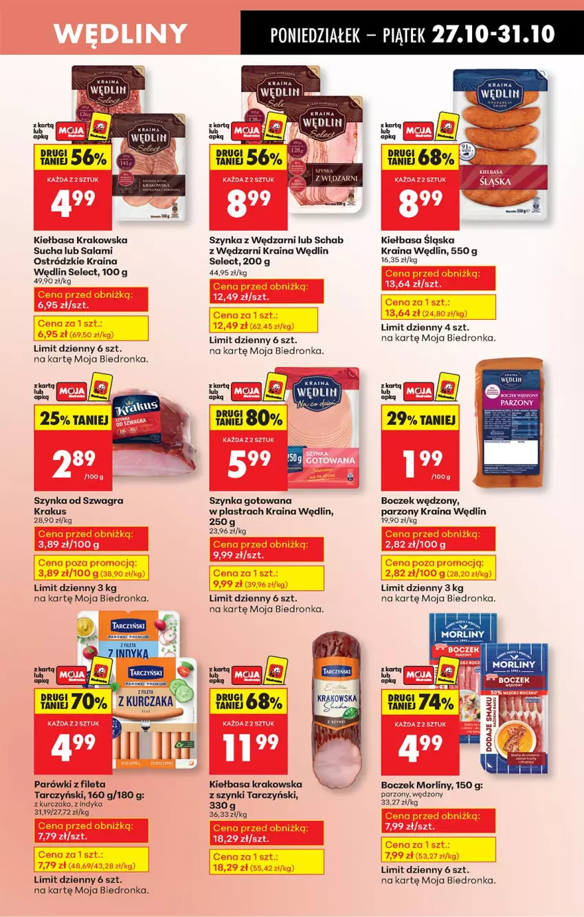 Gazetka promocyjna Biedronka - Od Poniedziałku - ważna 27.10 do 01.11.2025 - strona 39 - produkty: Boczek, Gra, Kiełbasa, Kiełbasa krakowska, Kiełbasa śląska, Krakus, Kurczak, Morliny, Parówki, Salami, Szynka, Tarczyński