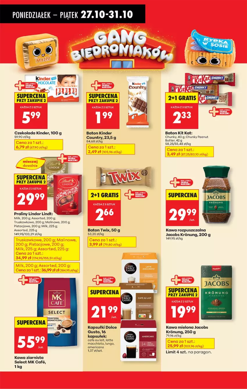 Gazetka promocyjna Biedronka - Od Poniedziałku - ważna 27.10 do 01.11.2025 - strona 40 - produkty: Baton, Chia, Czekolada, Gra, Jacobs, Kawa, Kawa mielona, Kawa rozpuszczalna, Kawa ziarnista, Kinder, Kit Kat, LG, Lindor, Lindt, Por, Praliny, Rum, Twix