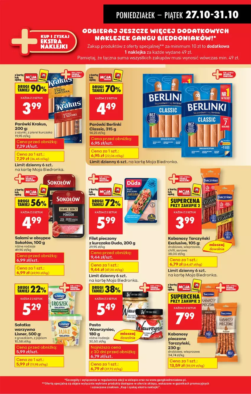 Gazetka promocyjna Biedronka - Od Poniedziałku - ważna 27.10 do 01.11.2025 - strona 45 - produkty: Berlinki, Duda, Kabanos, Krakus, Kurczak, Lisner, Parówki, Piec, Salami, Sałat, Sałatka, Ser, Sok, Sokołów, Tarczyński