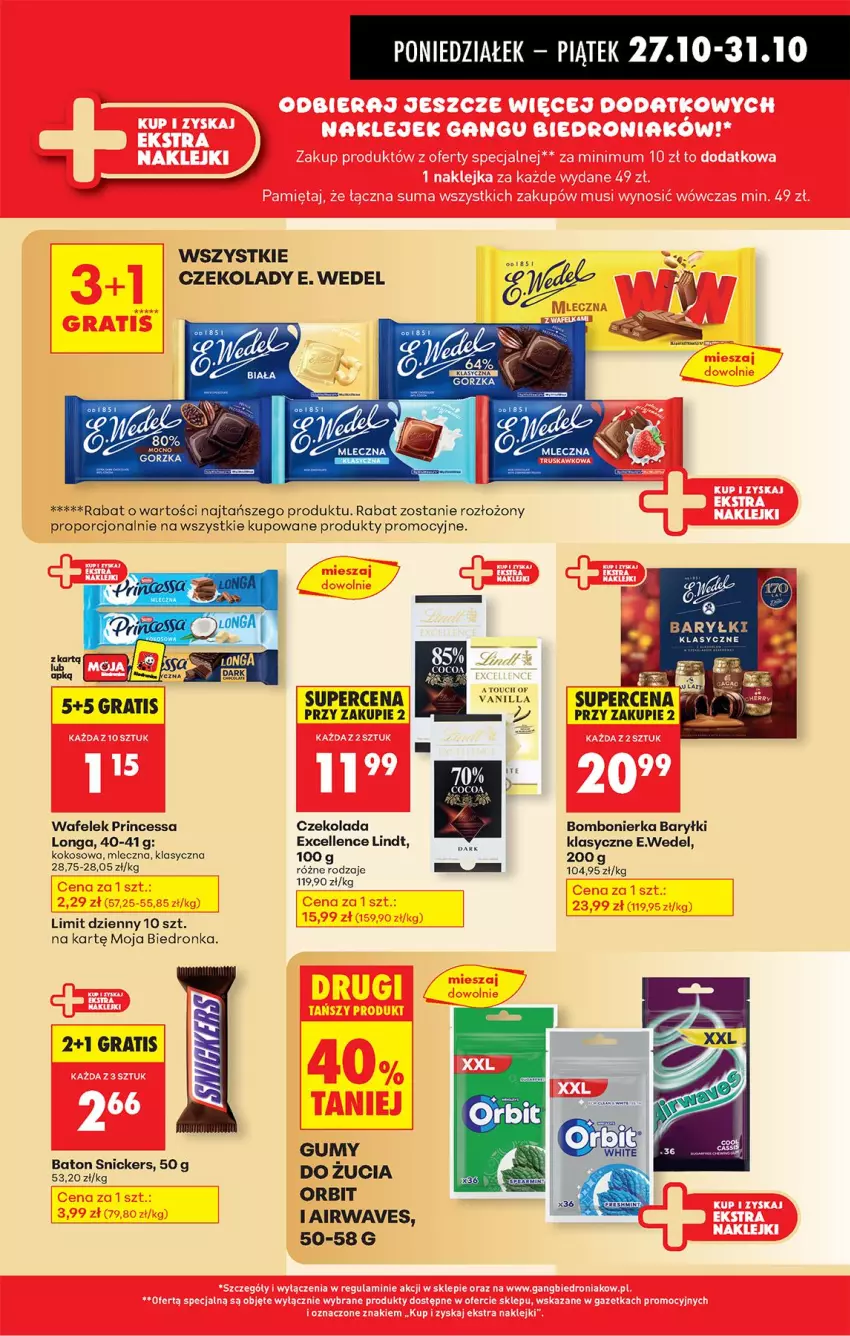 Gazetka promocyjna Biedronka - Od Poniedziałku - ważna 27.10 do 01.11.2025 - strona 47 - produkty: Baryłki, Baton, Czekolada, E. Wedel, Fa, Gra, Kokos, Lindt, Orbit, Princessa, Snickers, Wafelek
