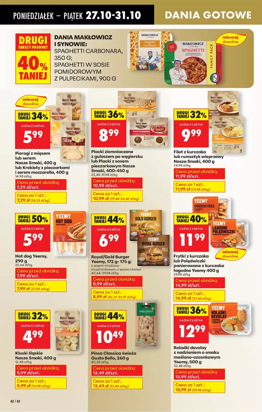 Gazetka promocyjna Biedronka - Od Poniedziałku - ważna 27.10 do 01.11.2025 - strona 52 - produkty: Bell, Burger, Fa, Frytki, Hot dog, Krokiety, Kurczak, Lack, Mozzarella, Mus, Piec, Pieczarka, Pierogi, Polędwiczki panierowane, Rum, Ser, Sos, Spaghetti