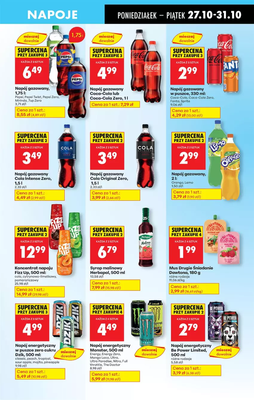 Gazetka promocyjna Biedronka - Od Poniedziałku - ważna 27.10 do 01.11.2025 - strona 69 - produkty: Coca-Cola, Dawtona, Fa, Fanta, Gin, Herbapol, Mango, Mirinda, Mus, Napój, Napój energetyczny, Napój gazowany, Napoje, Pepsi, Sprite, Syrop, Tropical