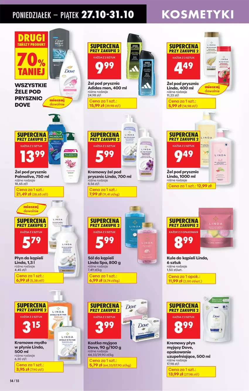 Gazetka promocyjna Biedronka - Od Poniedziałku - ważna 27.10 do 01.11.2025 - strona 72 - produkty: Adidas, Dove, Kawa, Kostka myjąca, Mydło, Palmolive, Płyn do kąpieli, Ser, Sól, Sól do kąpieli