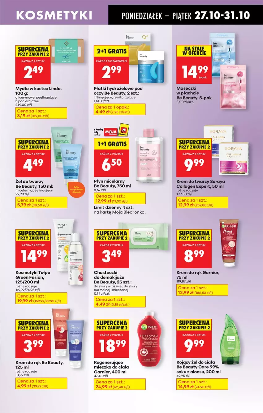Gazetka promocyjna Biedronka - Od Poniedziałku - ważna 27.10 do 01.11.2025 - strona 73 - produkty: Be Be, Chusteczki, Fusion, Garnier, Gra, Krem do rąk, Krem do twarzy, Makijaż, Mleczko, Mleczko do ciała, Mydło, Peeling, Płyn micelarny, Sok, Tołpa