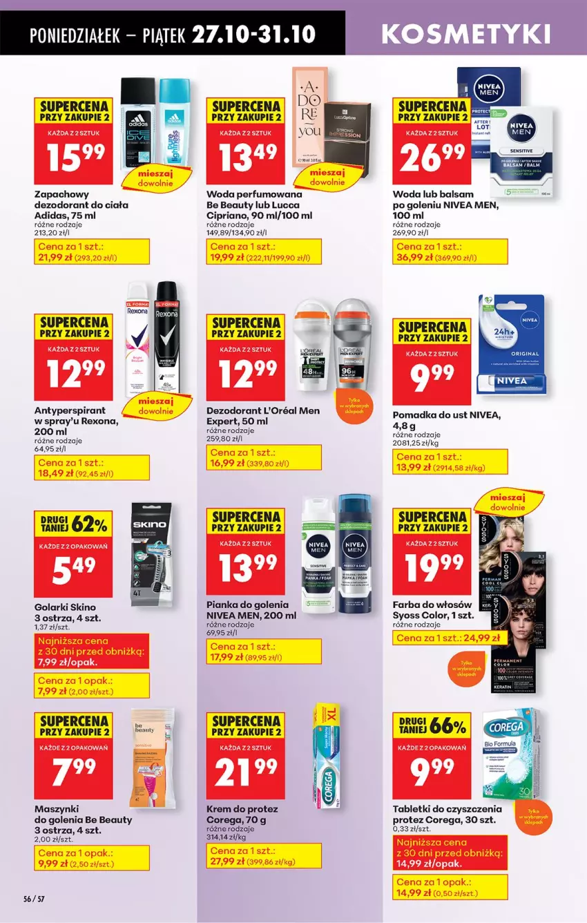 Gazetka promocyjna Biedronka - Od Poniedziałku - ważna 27.10 do 01.11.2025 - strona 74 - produkty: Adidas, Antyperspirant, Be Be, Corega, Dezodorant, Fa, Farba do włosów, Nivea, Nivea Men, Perfum, Pianka do golenia, Rexona, Syoss, Tablet, Woda, Woda perfumowana
