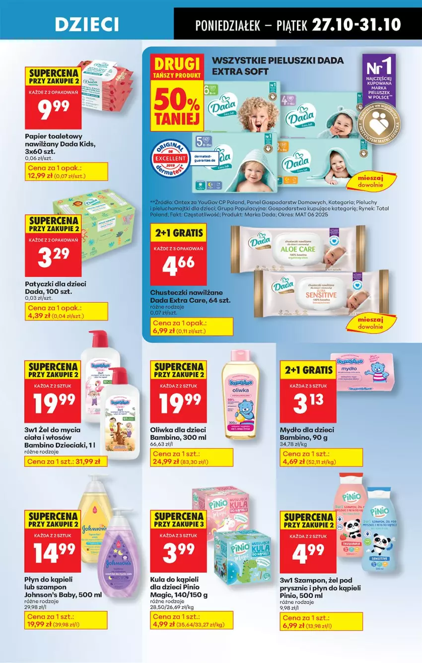 Gazetka promocyjna Biedronka - Od Poniedziałku - ważna 27.10 do 01.11.2025 - strona 77 - produkty: Dada, Dzieci, Gra, Johnson's, Johnson's Baby, Kula do kąpieli, Mydło, Oliwka dla dzieci, Papier, Papier toaletowy, Pieluchy, Płyn do kąpieli, Ser, Sos, Szampon