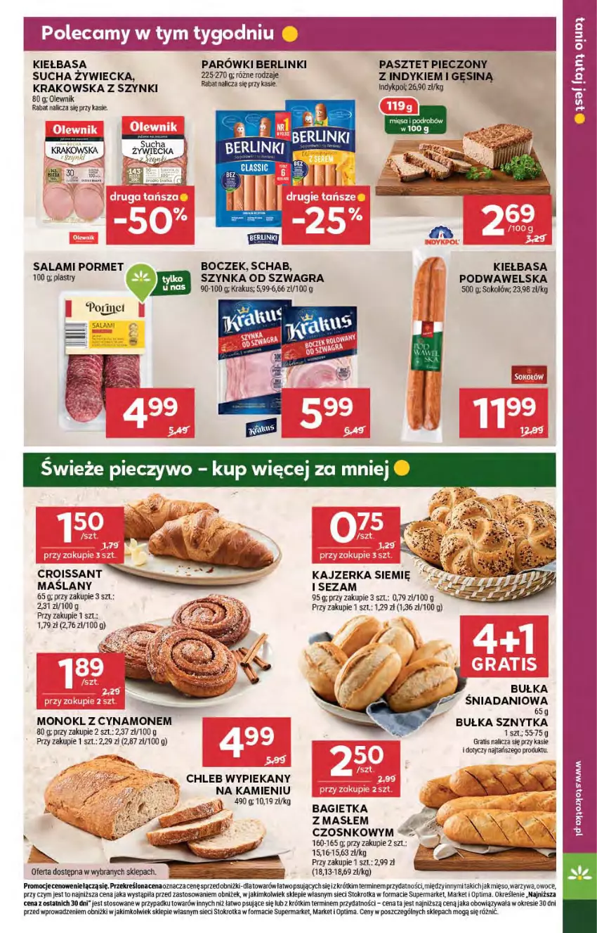 Gazetka promocyjna Stokrotka - Supermarket - ważna 05.02 do 11.02.2026 - strona 15 - produkty: Bagietka, Berlinki, Boczek, Bułka, Chleb, Croissant, Danio, Gra, Kajzerka, Kiełbasa, Krakus, Mięso, Olewnik, Optima, Owoce, Parówki, Pasztet, Piec, Por, Salami, Sezam, Sok, Sokołów, Szynka, Warzywa, Wawel