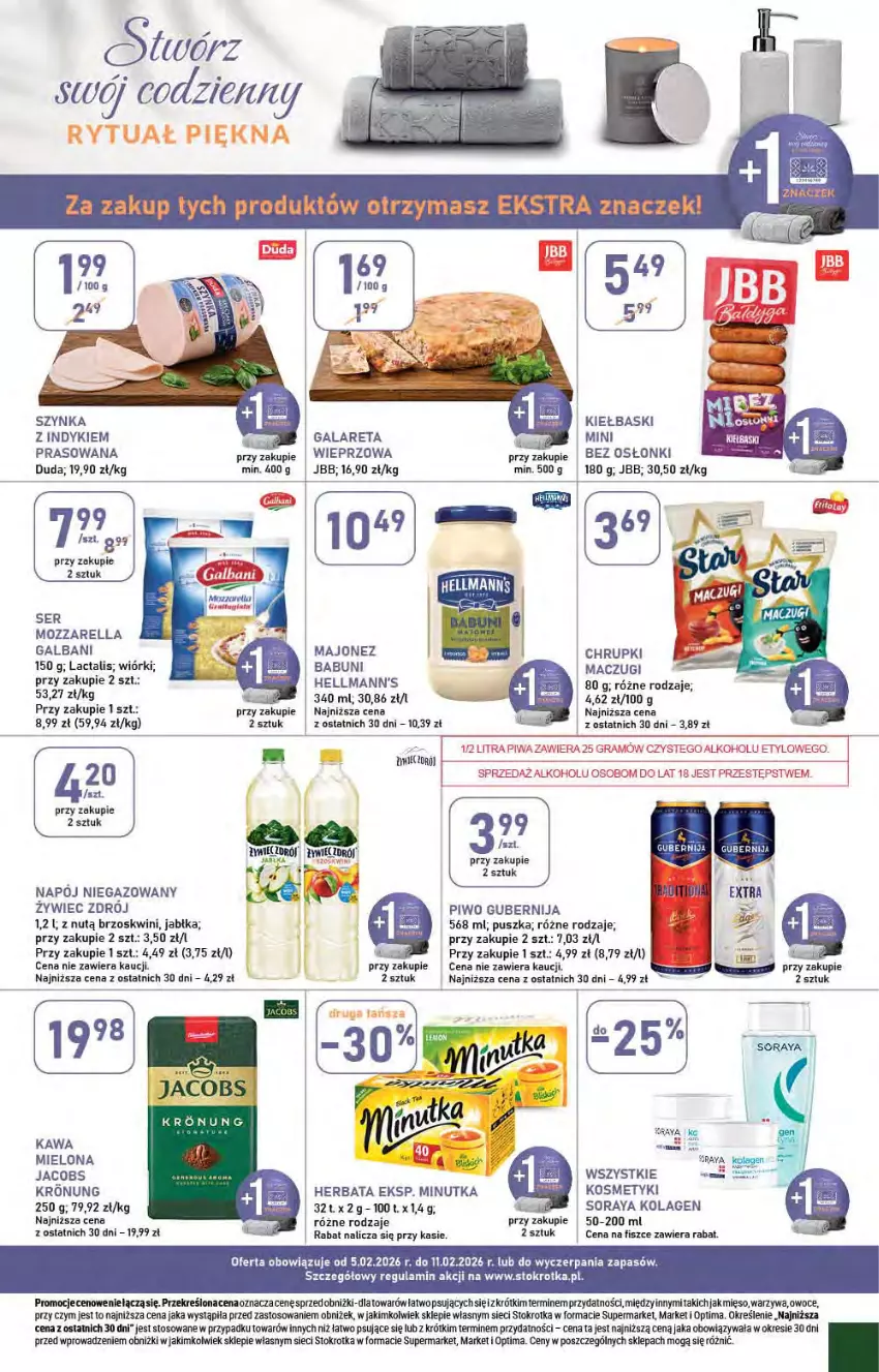 Gazetka promocyjna Stokrotka - Supermarket - ważna 05.02 do 11.02.2026 - strona 17 - produkty: Babuni, Chrupki, Duda, Gala, Galbani, Herbata, Jabłka, Jacobs, Kawa, Kawa mielona, Kolagen, Majonez, Mięso, Mozzarella, Napój, Napój niegazowany, Optima, Owoce, Piwo, Ser, Szynka, Warzywa
