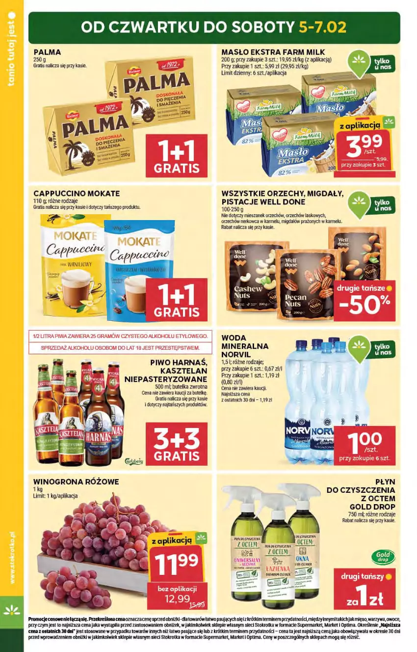 Gazetka promocyjna Stokrotka - Supermarket - ważna 05.02 do 11.02.2026 - strona 2 - produkty: Cappuccino, Fa, Farm Milk, Gra, Harnaś, Kasztelan, Masło, Mięso, Migdały, Optima, Owoce, Palma, Pistacje, Piwo, Warzywa, Wino, Winogrona, Woda, Woda mineralna