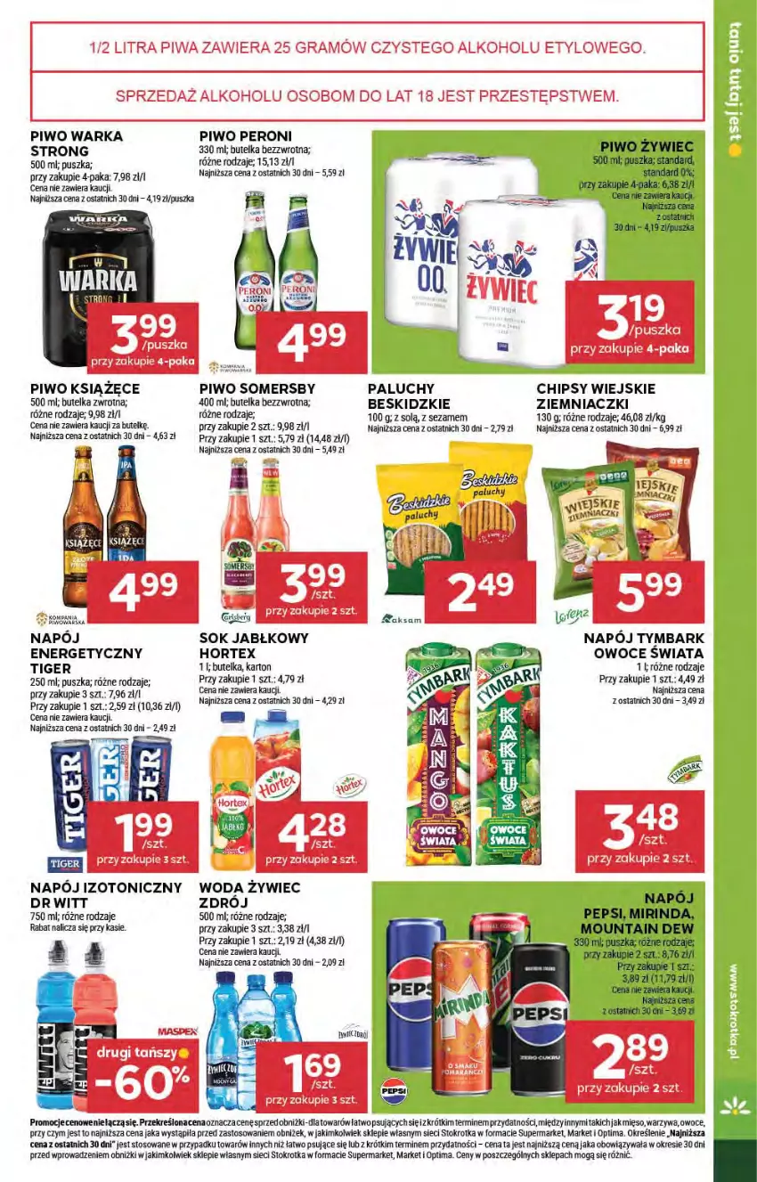 Gazetka promocyjna Stokrotka - Supermarket - ważna 05.02 do 11.02.2026 - strona 33 - produkty: Beskidzki, Chipsy, Gra, Hortex, Książęce, Mięso, Mirinda, Napój, Napój izotoniczny, Optima, Owoce, Pepsi, Piwa, Piwo, Sezam, Sok, Sok jabłkowy, Somersby, Tiger, Tymbark, Warka, Warzywa, Woda