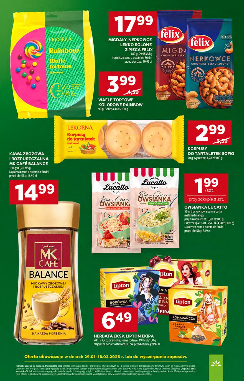 Gazetka promocyjna Stokrotka - Supermarket - ważna 05.02 do 11.02.2026 - strona 39 - produkty: Felix, Herbata, Kawa, Kawa zbożowa, Lipton, Mango, Mięso, Migdały, Optima, Owoce, Owsianka, Panna cotta, Piec, Tarta, Wafle, Wafle tortowe, Warzywa