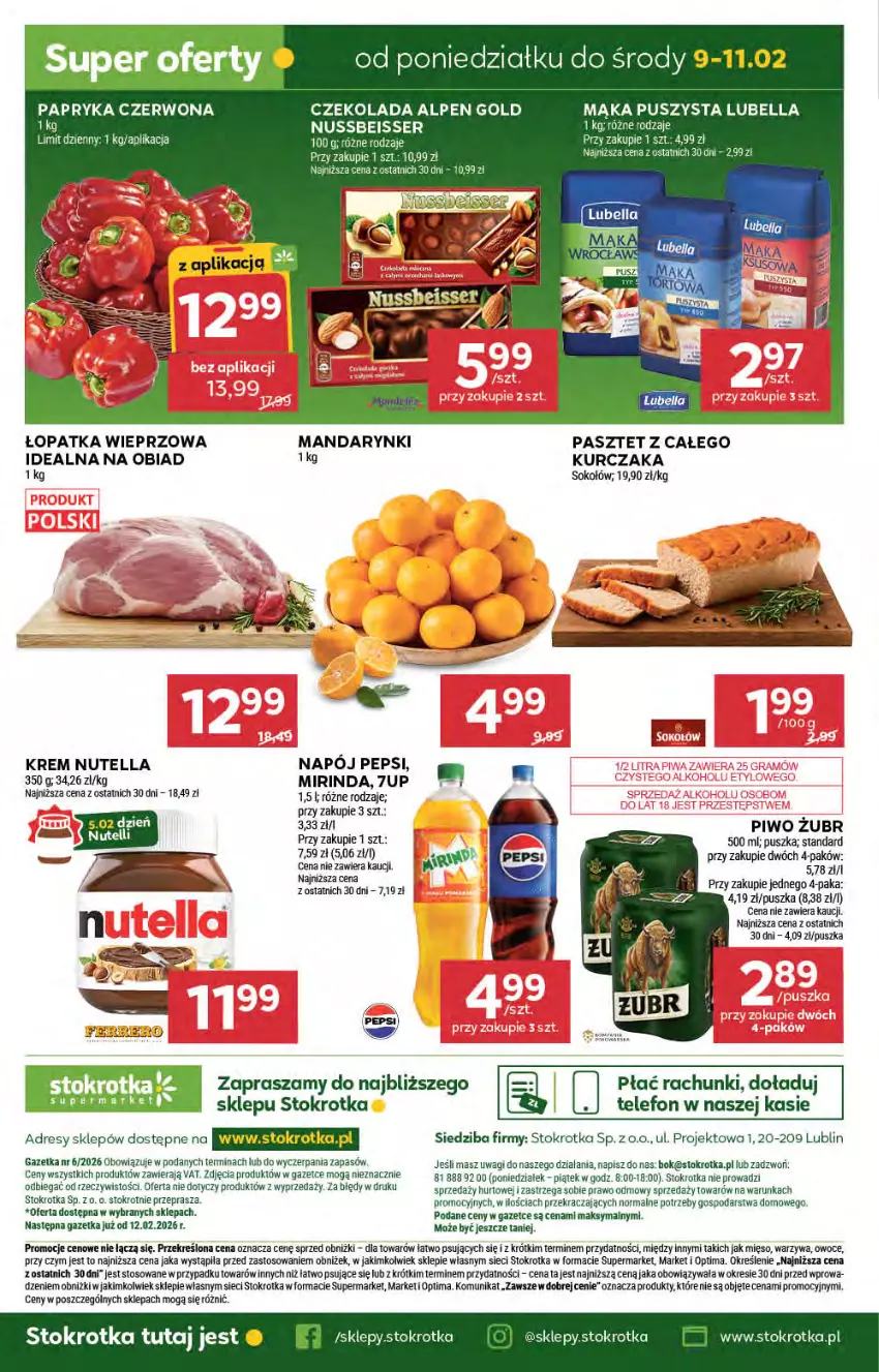 Gazetka promocyjna Stokrotka - Supermarket - ważna 05.02 do 11.02.2026 - strona 42 - produkty: 7up, Bell, Bella, Czekolada, Dres, JBL, Kurczak, Lubella, Mąka, Mandarynki, Mięso, Mirinda, Napój, Nutella, O nas, Optima, Owoce, Papryka, Papryka czerwona, Pasztet, Pepsi, Piwo, Ser, Sok, Sokołów, Telefon, Wagi, Warzywa