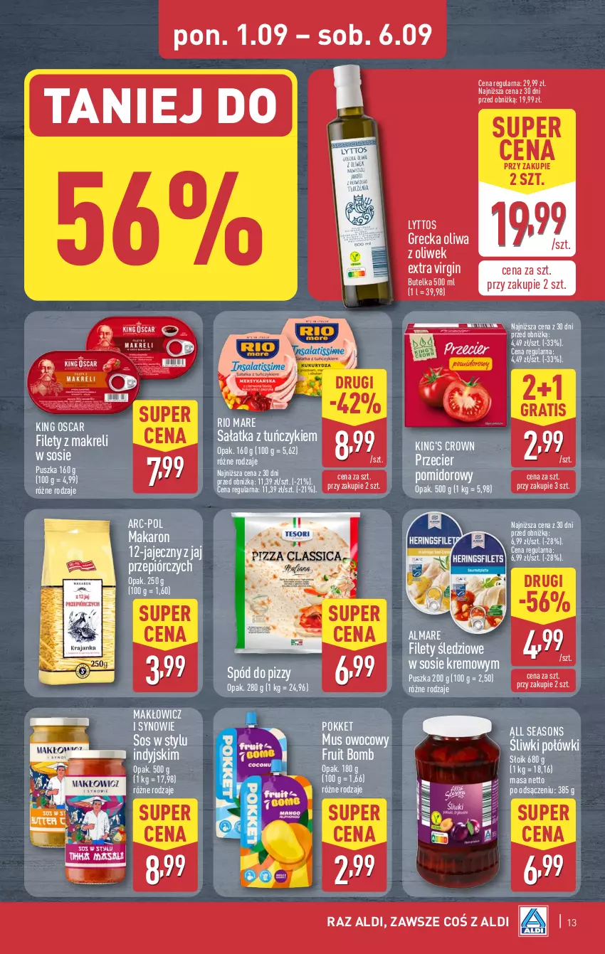 Gazetka promocyjna Aldi - Pełna oferta - ważna 01.09 do 06.09.2025 - strona 13 - produkty: All Seasons, Gin, Gra, Makaron, Mus, Oliwa, Oliwa z oliwek, Rio Mare, Sałat, Sałatka, Sos, Spód do pizzy, Tuńczyk