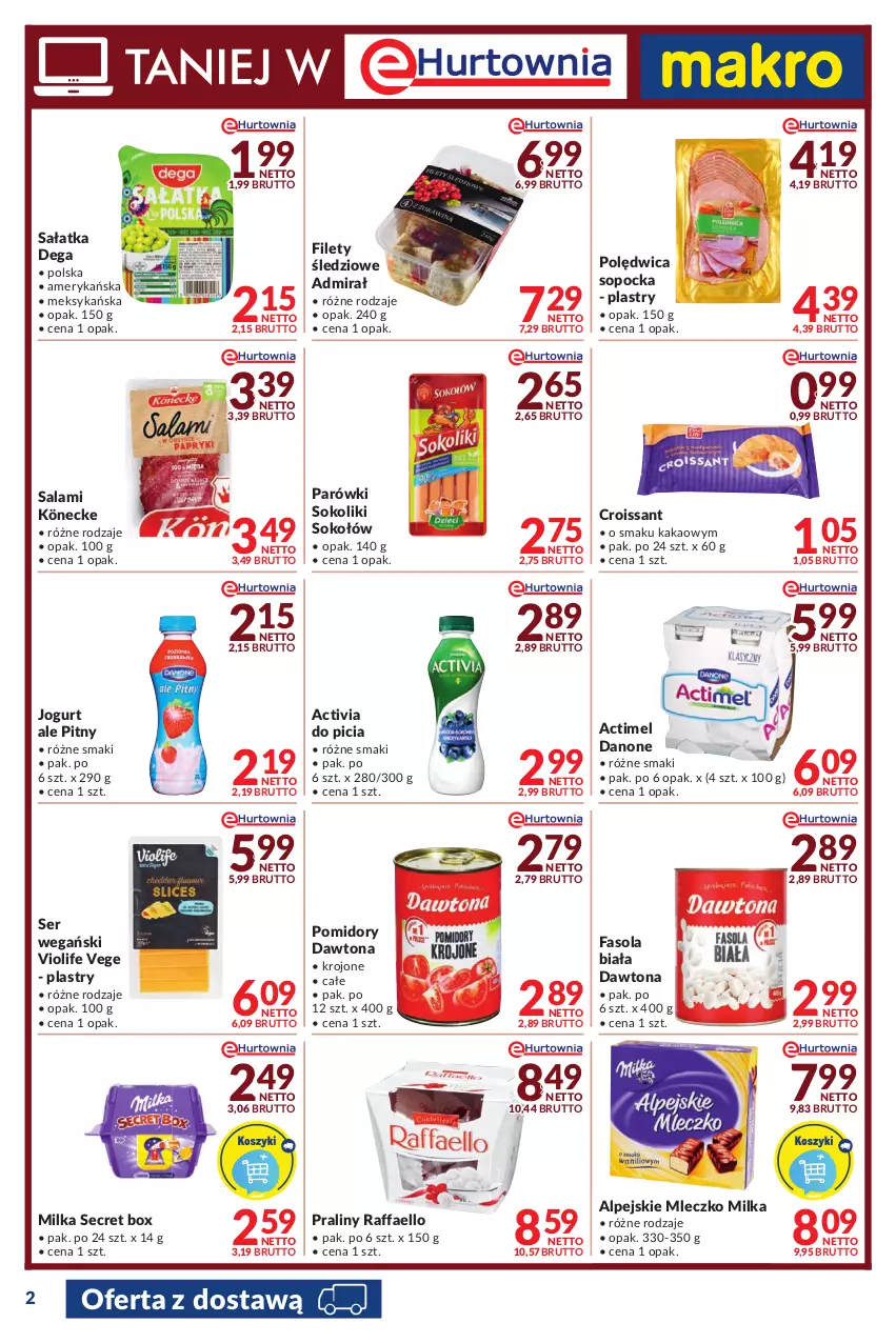 Gazetka promocyjna Makro - [Oferta promocyjna] Dostawy - ważna 14.06 do 27.06.2022 - strona 2 - produkty: Actimel, Activia, Croissant, Danone, Dawtona, Dega, Fa, Fasola, Jogurt, Kakao, Milka, Mleczko, Parówki, Parówki sokoliki, Polędwica, Pomidory, Praliny, Raffaello, Salami, Sałat, Sałatka, Ser, Sok, Sokołów