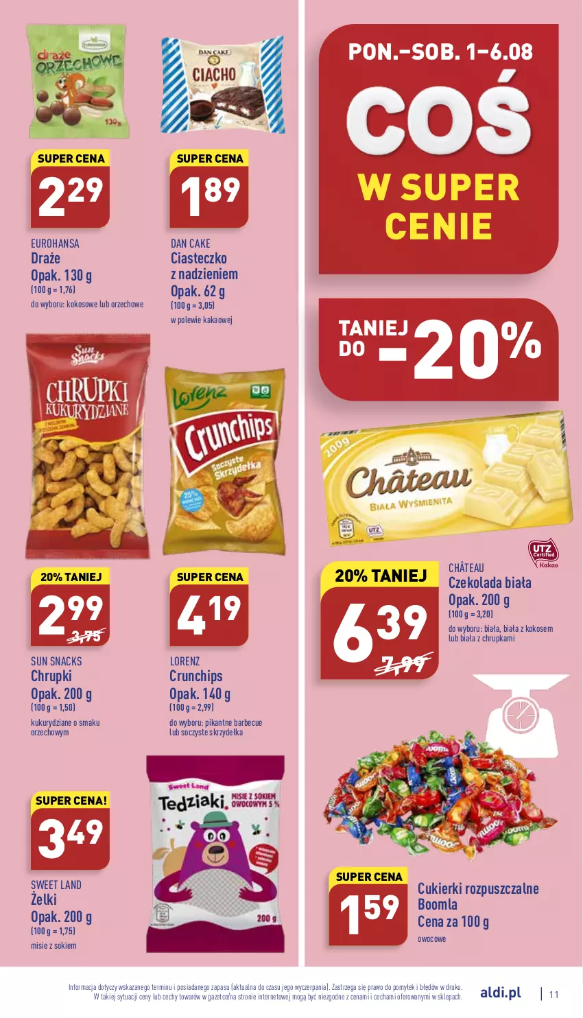 Gazetka promocyjna Aldi - Katalog spożywczy - ważna 01.08 do 06.08.2022 - strona 11 - produkty: Chrupki, Crunchips, Cukier, Cukierki, Czekolada, Dan Cake, Kakao, Kokos, Lorenz, Sok