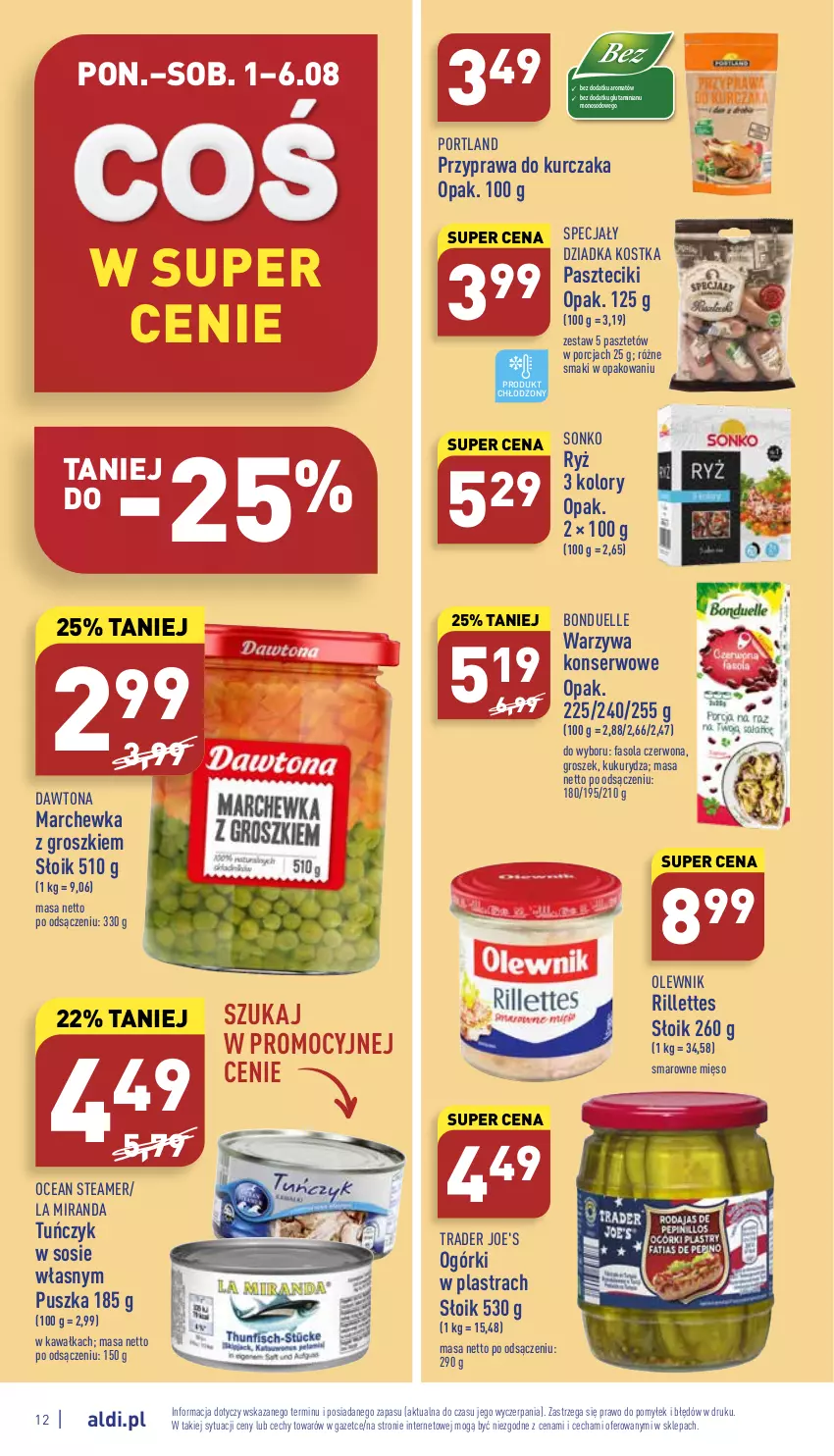 Gazetka promocyjna Aldi - Katalog spożywczy - ważna 01.08 do 06.08.2022 - strona 12 - produkty: Bonduelle, Dawtona, Fa, Fasola, Groszek, Kawa, Kukurydza, Kurczak, Marchewka, Mięso, Olewnik, Pasztet, Por, Ryż, Ser, Sonko, Sos, Tuńczyk, Warzywa, Warzywa konserwowe