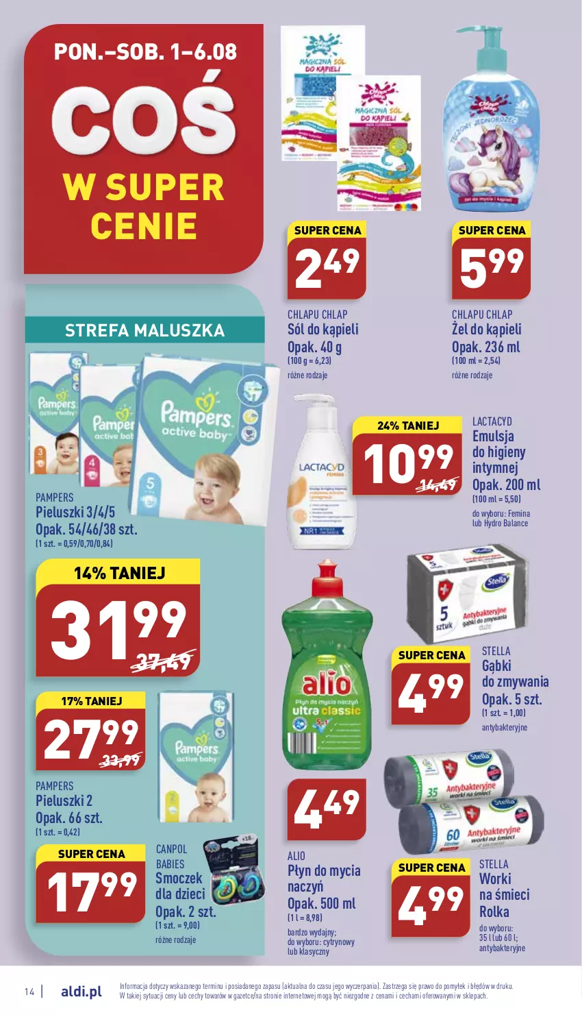 Gazetka promocyjna Aldi - Katalog spożywczy - ważna 01.08 do 06.08.2022 - strona 14 - produkty: Canpol, Do mycia naczyń, Dzieci, Emulsja, Fa, Lactacyd, Pampers, Płyn do mycia, Płyn do mycia naczyń, Sól, Sól do kąpieli, Worki na śmiec, Worki na śmieci