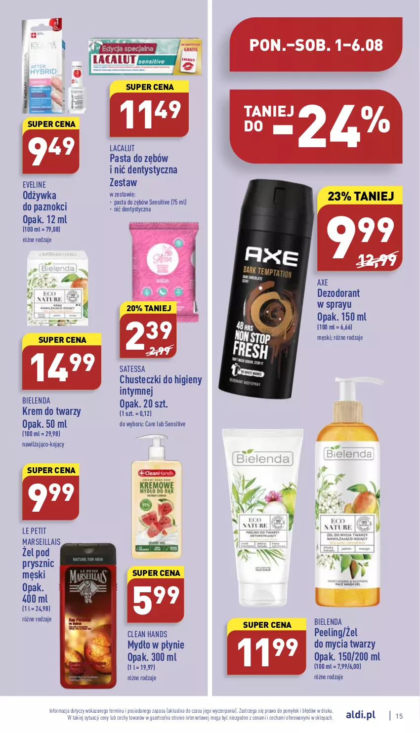 Gazetka promocyjna Aldi - Katalog spożywczy - ważna 01.08 do 06.08.2022 - strona 15 - produkty: Bielenda, Chusteczki, Chusteczki do higieny, Dezodorant, Eveline, Krem do twarzy, Lacalut, Mars, Mydło, Mydło w płynie, Nić dentystyczna, Odżywka, Pasta do zębów, Peeling