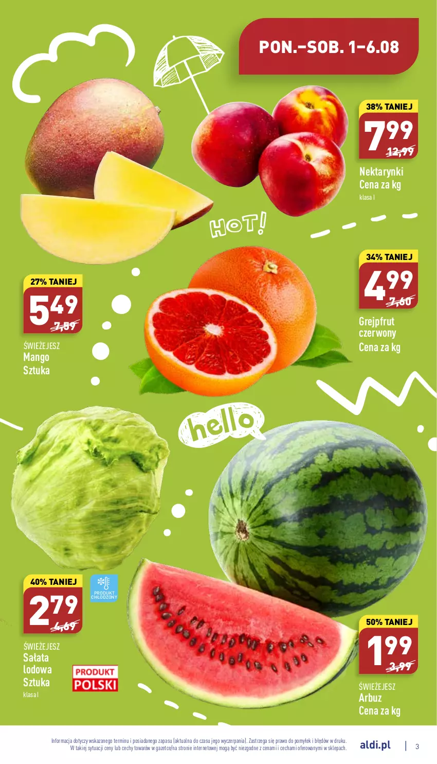 Gazetka promocyjna Aldi - Katalog spożywczy - ważna 01.08 do 06.08.2022 - strona 3 - produkty: Arbuz, Grejpfrut, Mango, Nektar, Sałat, Sałata lodowa